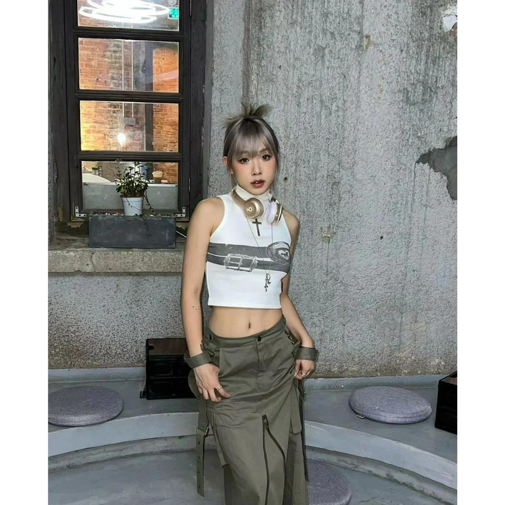 QADCOL Áo Tank Top Cổ Cao Màu Trắng In Họa Tiết Thời Trang Quyến Rũ Kèm Dây Đeo Bên Trong Cho Nữ