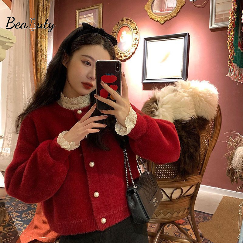 [MURIOKI] Áo Khoác Cardigan Lông Nhung Phối Ngọc Trai Thời Trang Thu Đông 2022 Mới Cho Nữ