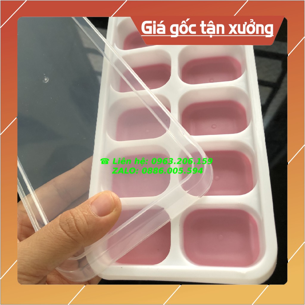 [Mới] Khay làm đá,kem loại mới đáy khay là silicon có nắp đậy 14 viên đá vuông, siêu dễ lấy đá