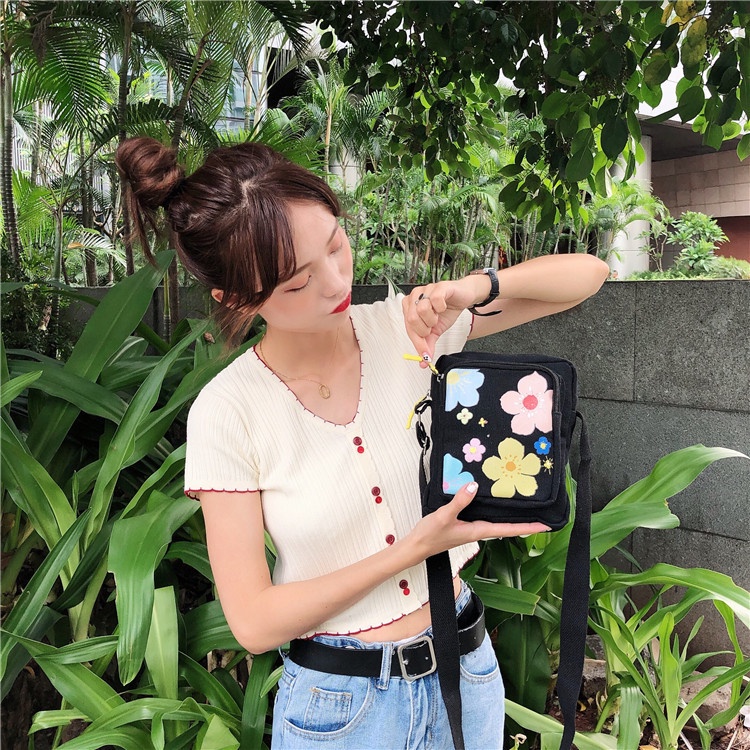 Túi đeo chéo nhỏ mini vải canvas hoa màu sắc ulzzang