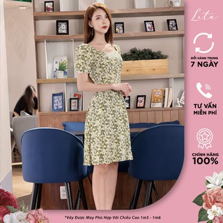 Đầm thiết kế Lita - Váy hoa dáng xòe chít eo cổ chữ V cao cấp