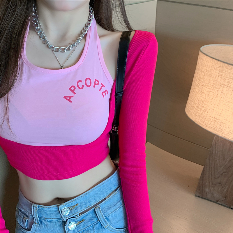 Áo thun tay dài phối kiểu giả hai lớp màu sắc tương phản cá tính cho nữ