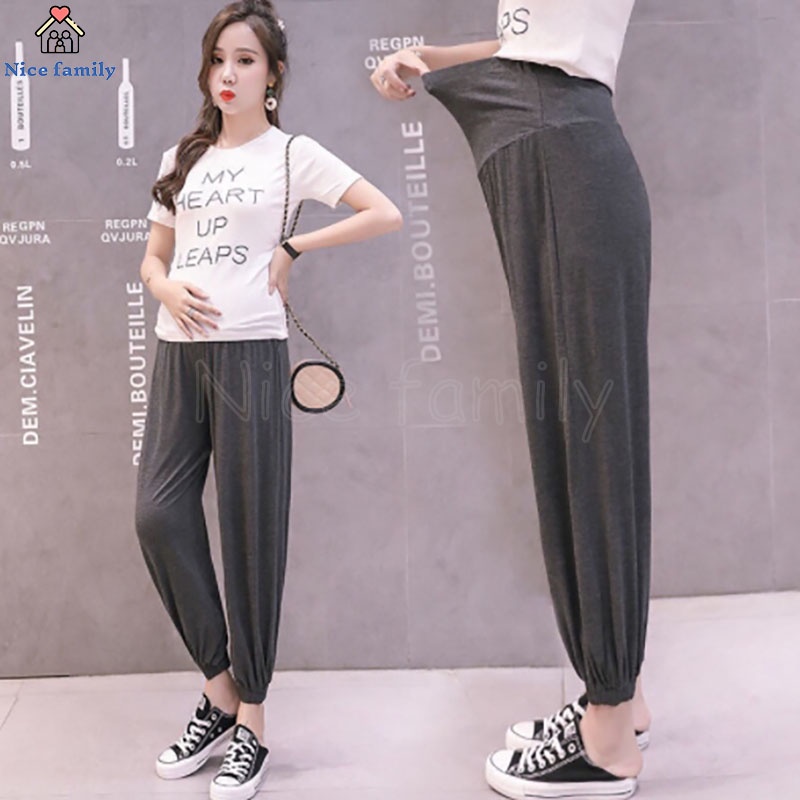Quần dài cotton dáng rộng lưng co giãn thời trang điều chỉnh được cho mẹ bầu