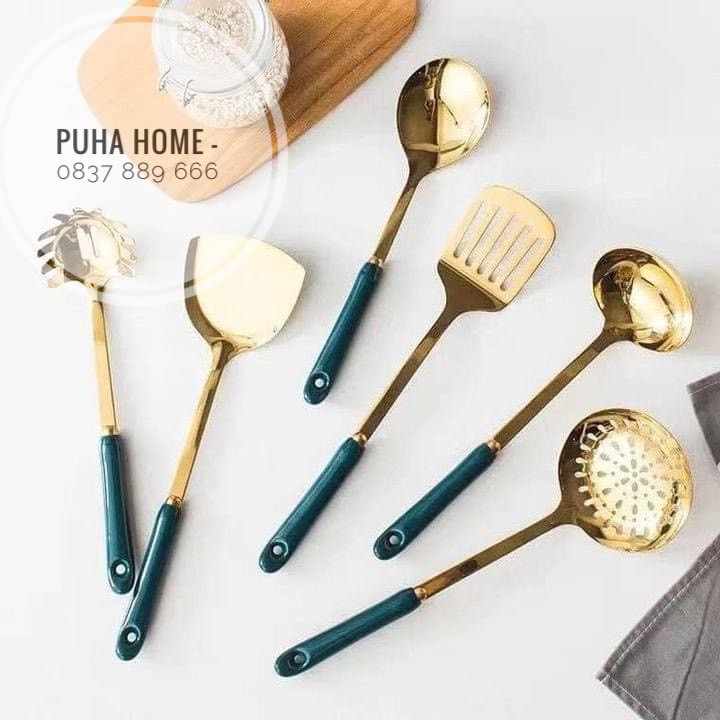 Bộ muôi 6 món kèm giá treo sang trọng - 3 màu trắng, hồng, xanh cổ vịt