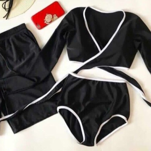 BIKINI Tay Dài Chéo Ngực Phối Quần Lưng Cao Viền Trắng - BIKINISTORE