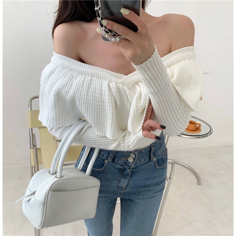 QKOOLE  Áo dệt kim cổ chữ V viền bèo nhún điệu đà phong cách Hàn Quốc