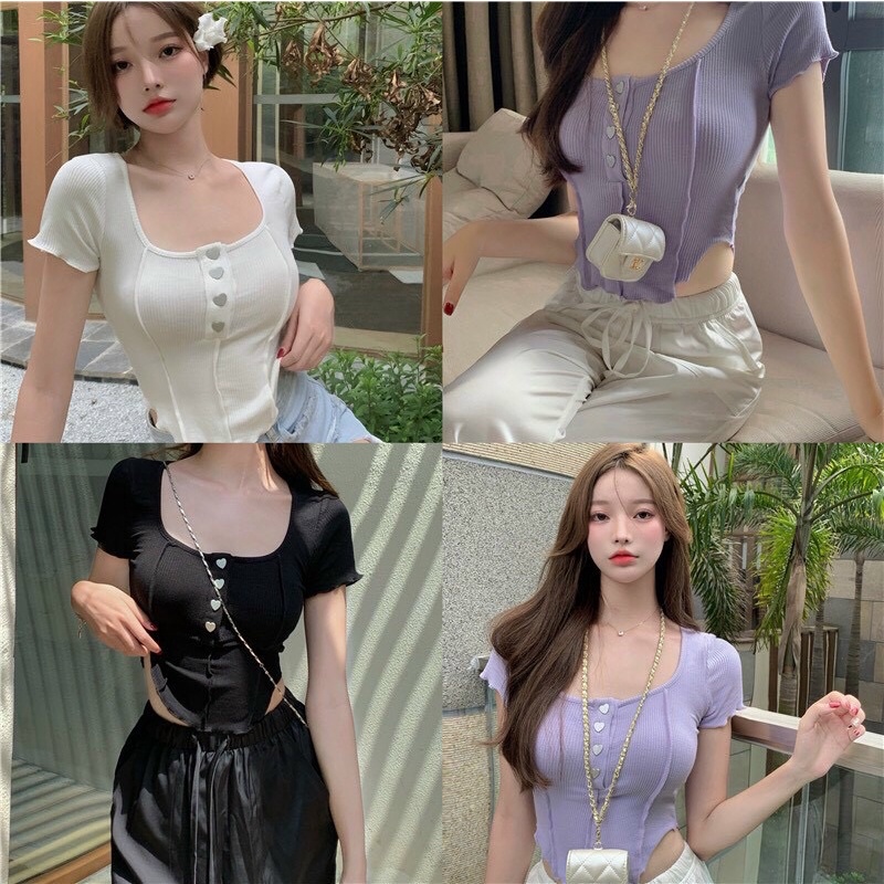 ÁO CROPTOP KHOÉT EO ĐÍNH NÚT GIẢ CỰC XINH Z1