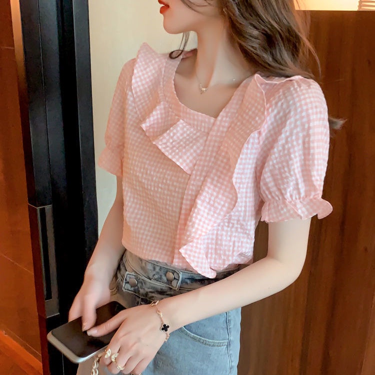 Áo Sơ Mi chiffon Tay Ngắn Họa Tiết Sọc Caro Thời Trang Dành Cho Nữ