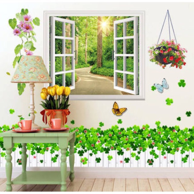 Decal trang trí tường - Cửa Sổ con đường Cong và hàng rào trắng Cỏ may mắn ( 2 TẤM )