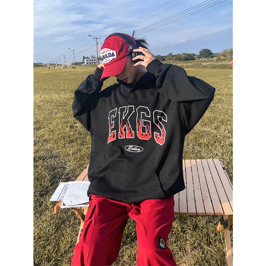 Áo hoodie chữ lửa EKGS Unisex [FREESHIP] Hoodies form rộng tay phồng kiểu dáng sweater nỉ phối mũ 2 lớp peonyb ulzzang