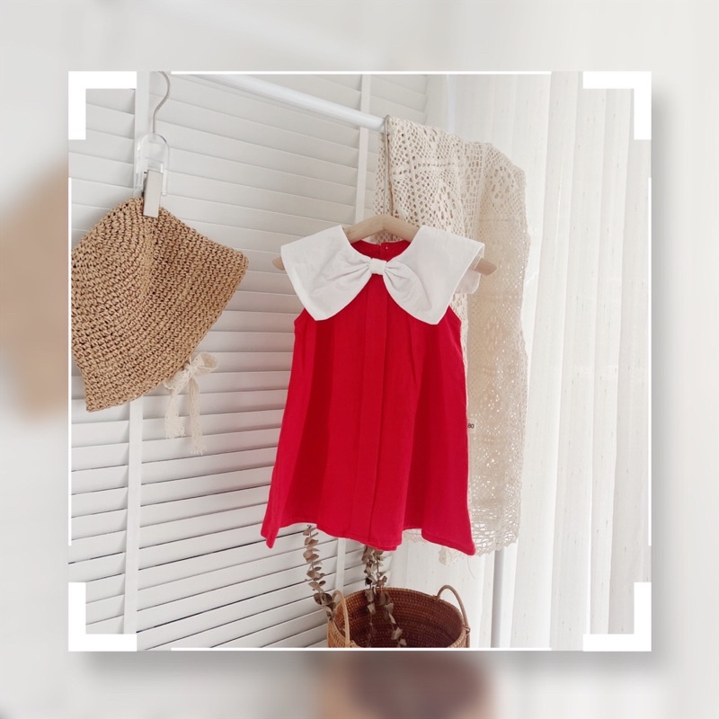 Váy hè sát nách nền màu trơn, cổ trắng thắt nơ cho bé gái 8-21kg- Chất thô cara mát