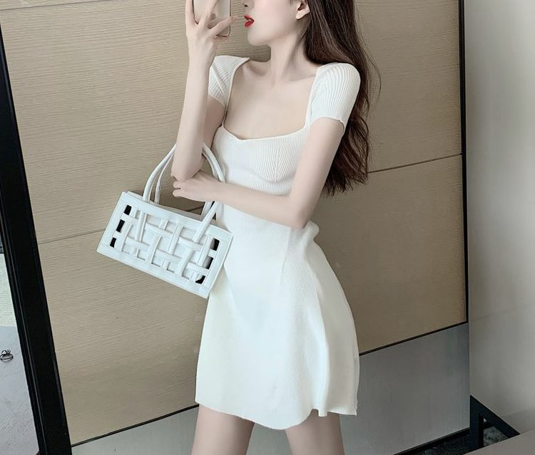 SUXI Đầm dệt kim ngắn tay cổ vuông thiết kế xinh xắn dành cho nữ