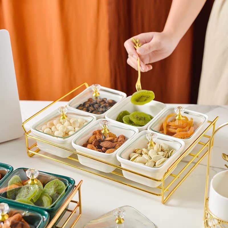 Khay bánh kẹo sứ trắng sang trọng (bát sứ nắp thuỷ tinh) - ảnh thật (khay 6)