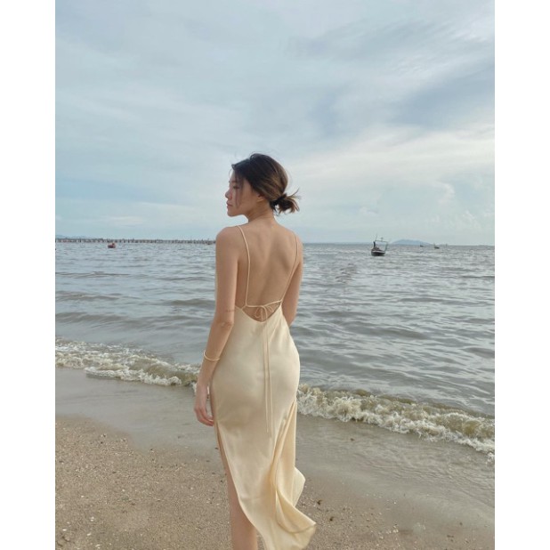 [Mã 44FASHIONSALE408 giảm 10K đơn 50K] Đầm maxi 2 dây lụa satin dây lưng sexy quyến rũ form dài xẻ tà đi biển | BigBuy360 - bigbuy360.vn