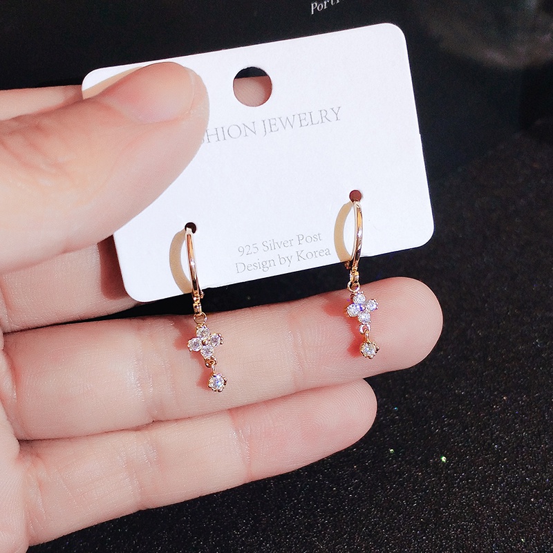 [Jiudolan] Bông Tai Dáng Dài Mạ Vàng 18K Hình Hoa Đính Đá Zircon Thanh Lịch Cho Nữ