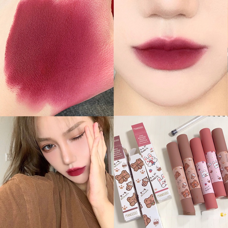 Son Môi Hai Đầu Lâu Trôi Chống Thấm Nước Màu Lì Thiết Kế Vỏ Hình Gấu Dễ Thương
