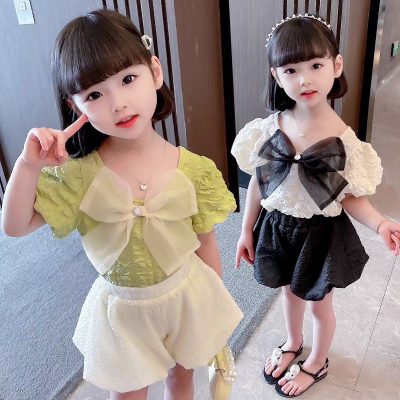 Set áo đũi nơ to quần bồng 2 lớp cho bé gái