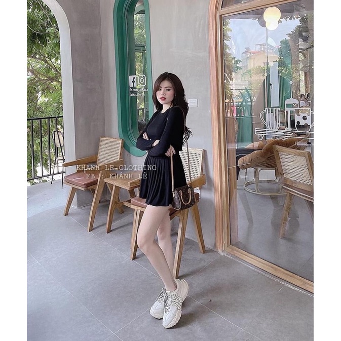 Set áo croptop tay dài váy xoè xếp ly hình thật - freesize dưới 53kg - Carotshop