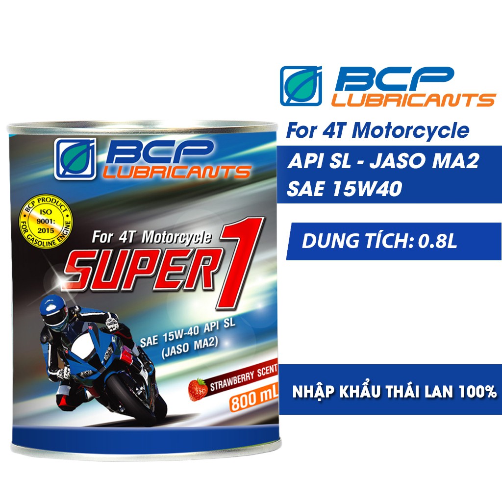 Lon Nhớt xe máy cho xe số 0.8 lít 15W40 BCP SUPER 1 API SL JASO MA2 SAE mùi dâu – dầu nhớt Thái Lan NK NXM001B
