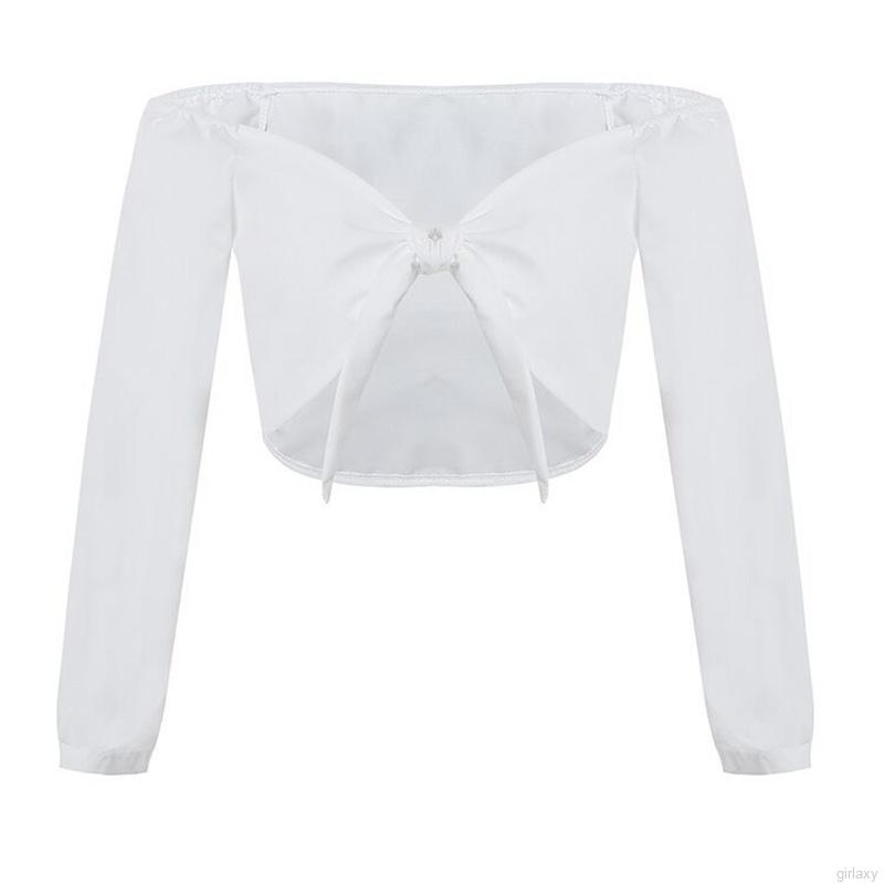 Korean Puff Sleeve Shirts Solid Color Crop Tops V-neck Navel Knotted Long Sleeve Sexy Shirts | BigBuy360 - bigbuy360.vn