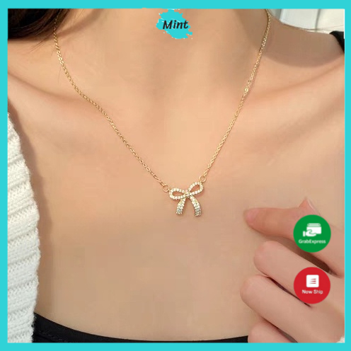 Dây Chuyền Nữ ❤️FREESHIP❤️ Vòng Cổ Nữ Mặt Nơ Đính Đá Lấp Lánh - Dây Chuyền Phong Cách Hàn Quốc Chất Liệu Hợp Kim Mạ Bạc