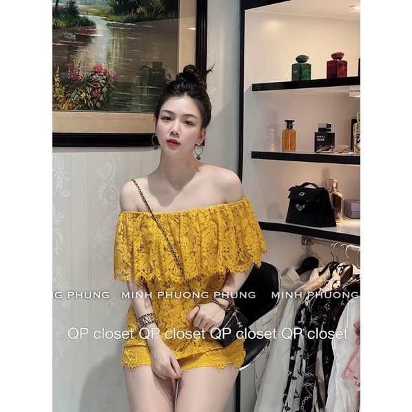 Set áo ren vàng trễ vai + quần đùi