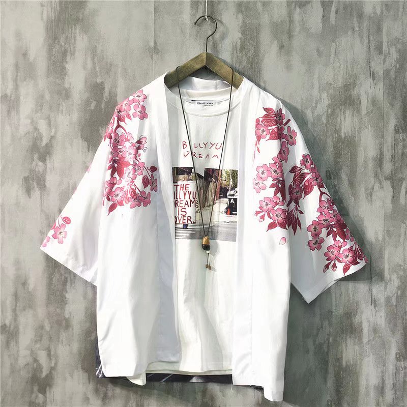 Áo Khoác Kimono Dáng Rộng In Họa Tiết Hoa Đào Và Lông Vũ Phong Cách Nhật Bản Thời Trang Cho Nam Và Nữ 2022