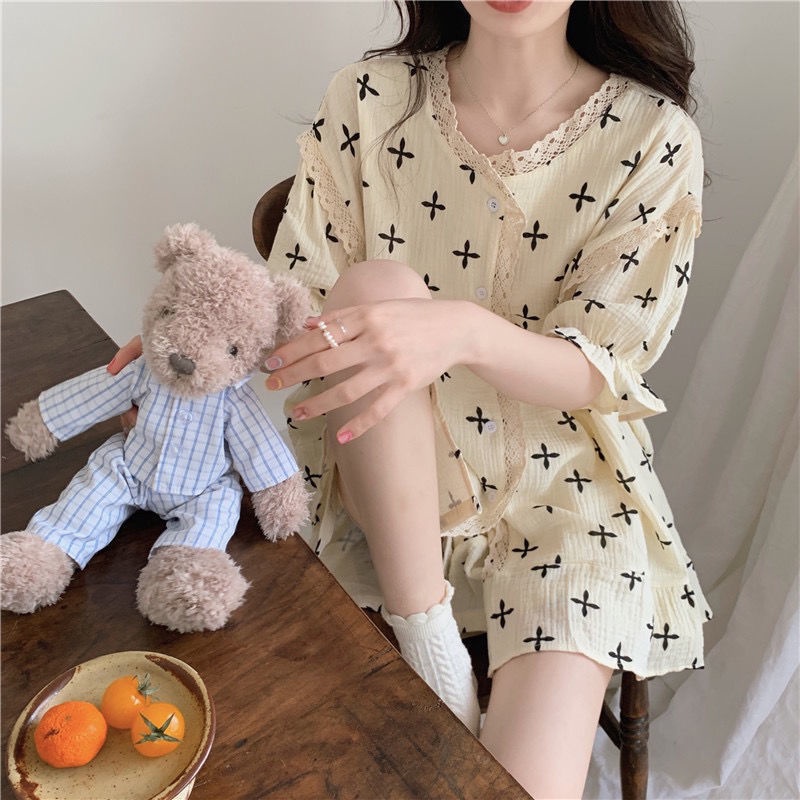 Set đồ ngủ ngắn tay dáng rộng phối ren phong cách Nhật Bản Hàn Quốc thời trang hè cho nữ