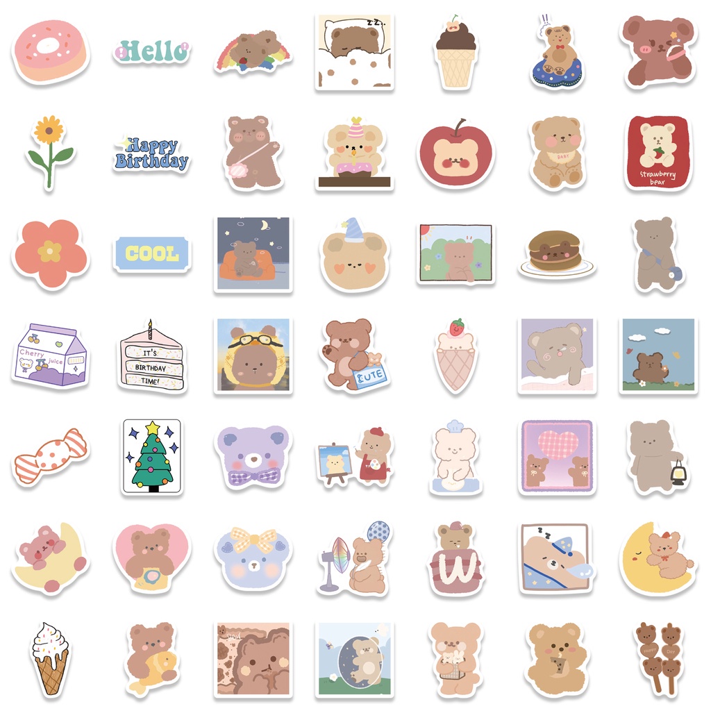 Set 102 chiếc sticker chống thấm nước GẤU NÂU TRẮNG DỄ THƯƠNG dán sổ, nón bảo hiểm, laptop, đàn - Tanpopo