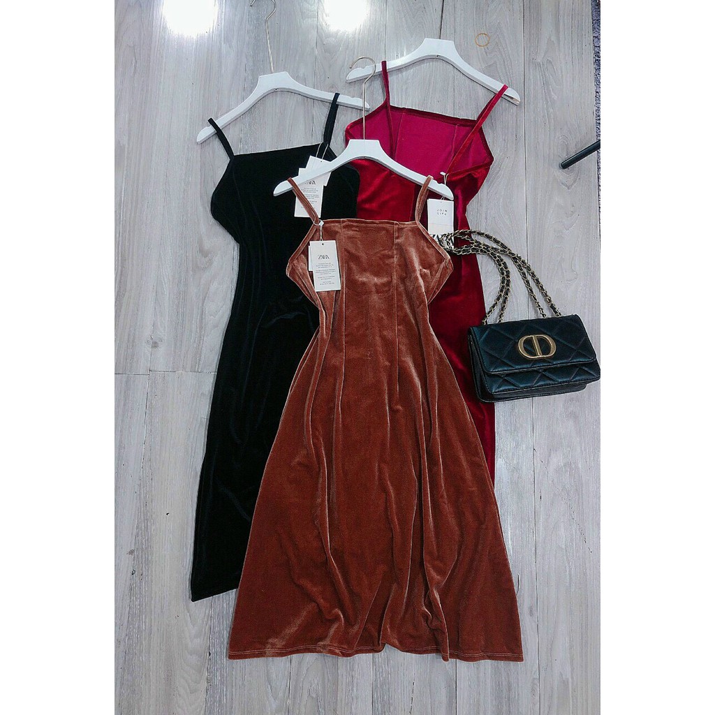 Đầm maxi nhung hai dây hở lưng + Ảnh thật