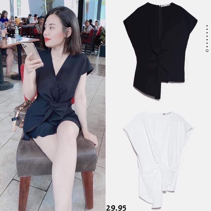 Áo xoắn eo lệch vạt đen - trắng