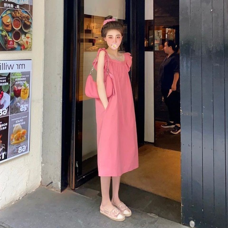 Đầm Cổ Vuông Dáng Rộng Màu Trơn Thời Trang Mùa Hè Hàn Quốc Plus Size Cho Nữ