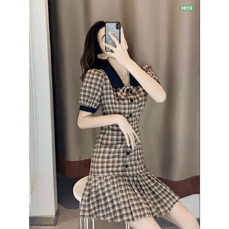 Đầm kaki  thun vải sọc cổ phối nơ xinh lung linh LT