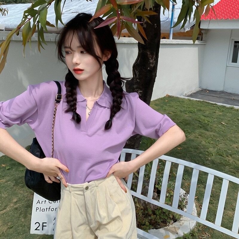 NZN Áo Thun polo Dệt Kim Tay Ngắn Cổ Chữ v Màu Sắc Trơn Thời Trang Mùa Hè Có 4 Màu Dành Cho Nữ