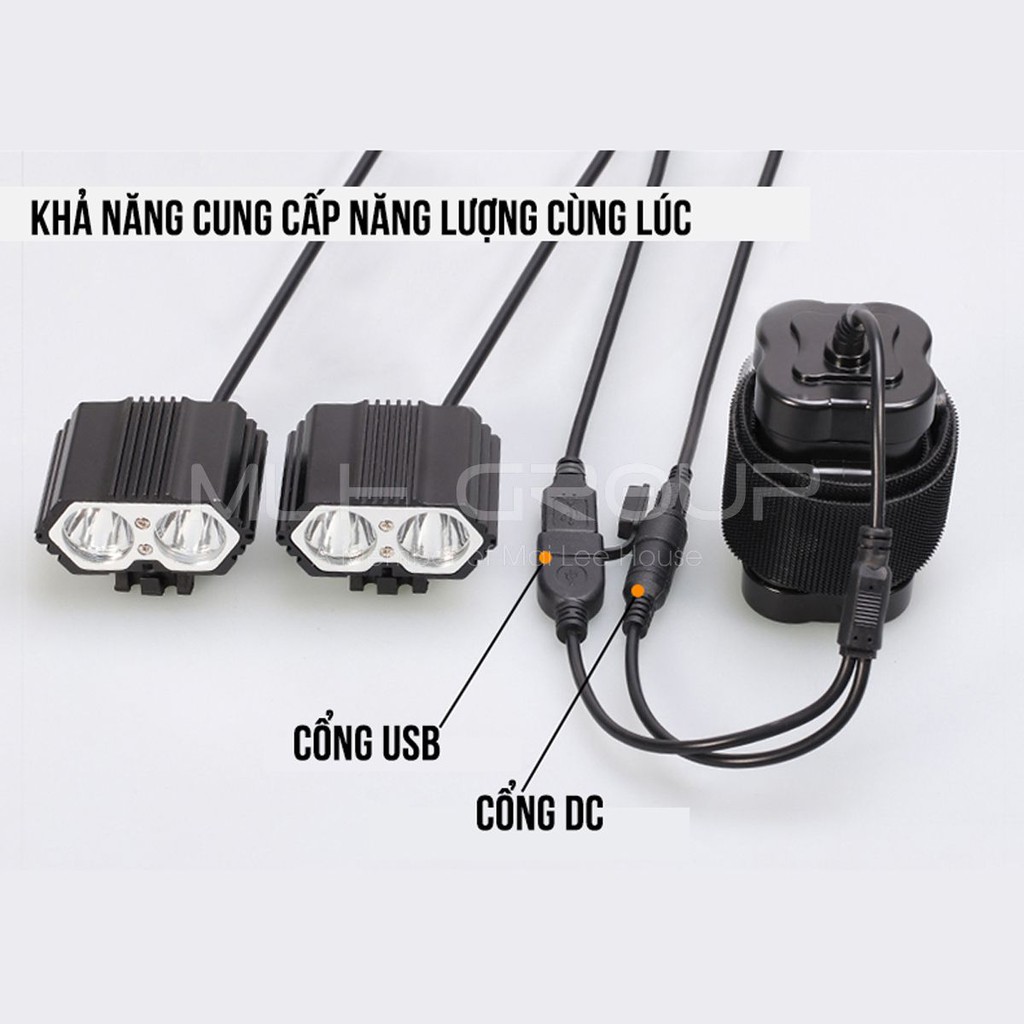 Bộ Pin Sạc Dự Phòng Cho Đèn Pha Xe Đạp 8.4V 13800mAh Pin Lithium 4x16850 2 Ngõ Ra USB/ DC Sạc qua Ngõ DC MLH