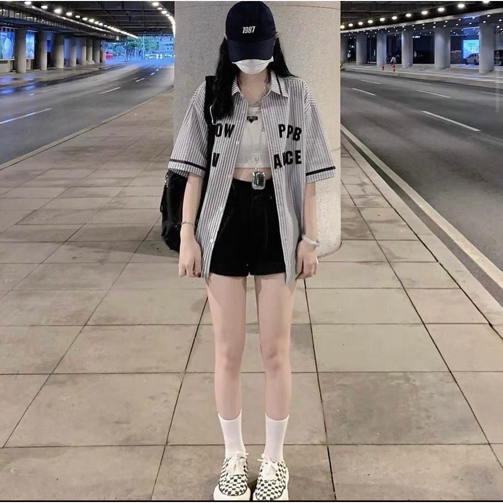 Sơ mi tay lỡ ADV Nam nữ Unisex kẻ sọc - sơ mi ngắn tay cổ bẻ form rộng GIDI