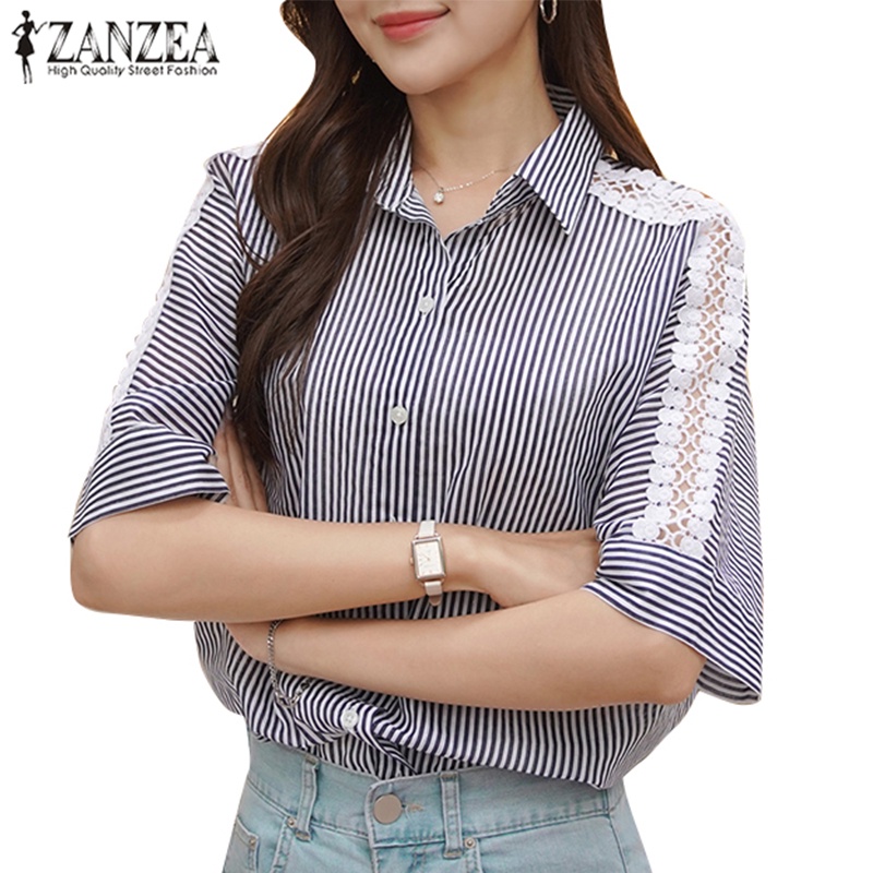 ZANZEA Áo Sơ Mi Nữ Tay Lửng Phối Ren Thời Trang Hàn Quốc