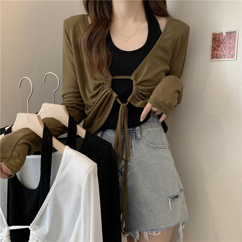 SUXI Áo Kiểu Tay Dài Cổ Chữ V Phối Dây Rút Mỏng Chống Nắng Phong Cách Hàn Quốc Thời Trang Mùa Hè Cho Nữ