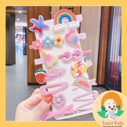 Set 14 kẹp tóc mái hàn quốc đẹp cho bé, cặp tóc nơ cute hình hoa, trái cây, công chúa SAMI KIDS