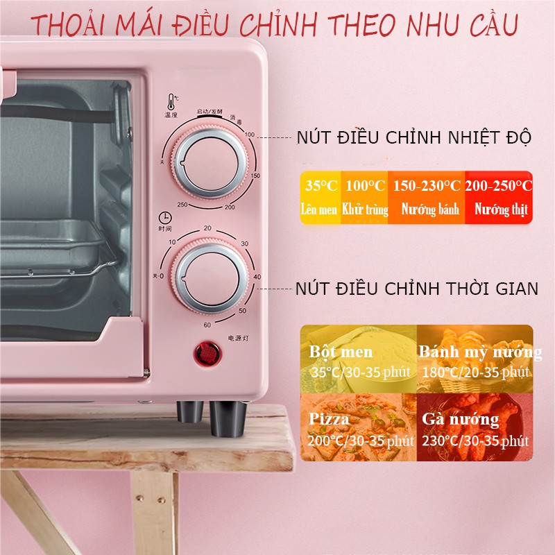 Lò nướng điện mini Mizae hồng chính hãng - Lò vi sóng dung tích 12 lít Nướng bánh, Nướng bánh, Pizza,... VTM