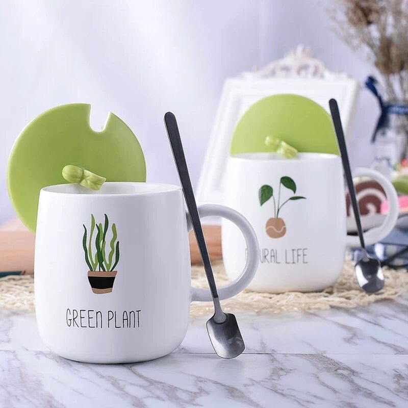 Cốc sứ có nắp dễ thương hình cây xanh 400ml
