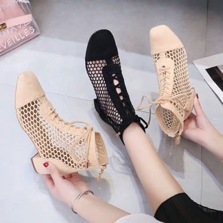 [ SẴN ĐEN S39 ] Boots lưới cổ thấp da lộn gót vuông 3cm