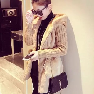 Áo khoác len nữ túi lông