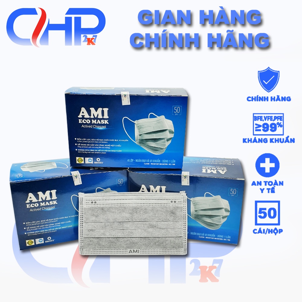 Khẩu trang y tế kháng khuẩn 4 lớp Ami màu XÁM hộp 50 cái