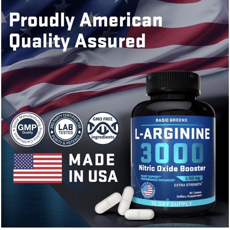 Viên uống liều cao tăng cường sinh lý, vận động BASIC GREENS L-Arginine 90 viên USA