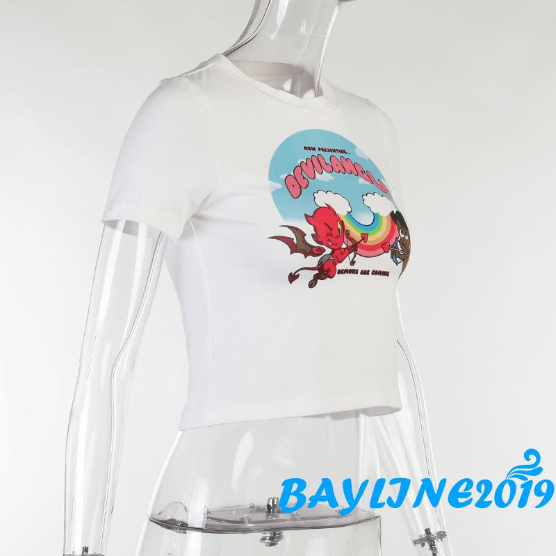 Áo thun dáng lửng ngắn tay in hình thiên thần và ác quỷ thời trang sành điệu dành cho nữ