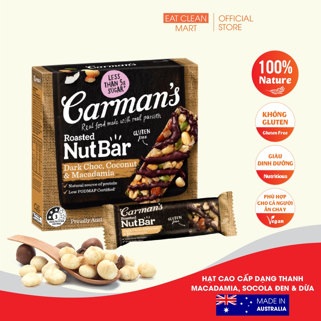 Thanh Hạt Ăn Kiêng Carman's Nut Bar Dark Choc Macadamia &amp; Coconut - Chocolate Đen Macca &amp; Dừa - 160g