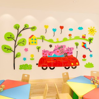 Tranh mica dán tường 3D - Peppapig ô tô