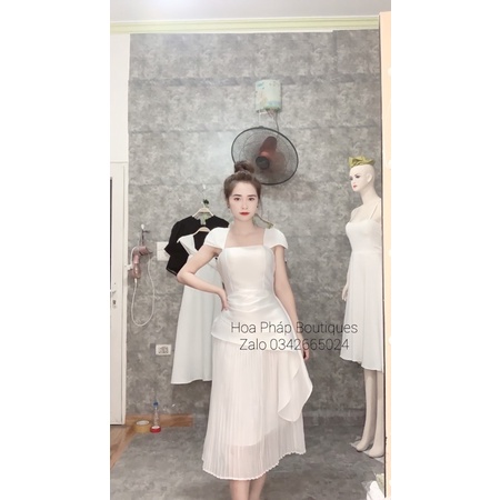 Váy tacffa cổ vuông tay cánh tiên phối chân váy xếp ly siêu xinh