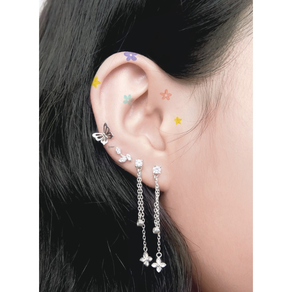 Bông Tai, Hoa Tai Nữ Bạc 925 SHIMMER SILVER TATANYA Họa Tiết Ba Lá Đính Đá Cao Cấp Màu Xanh Trắng